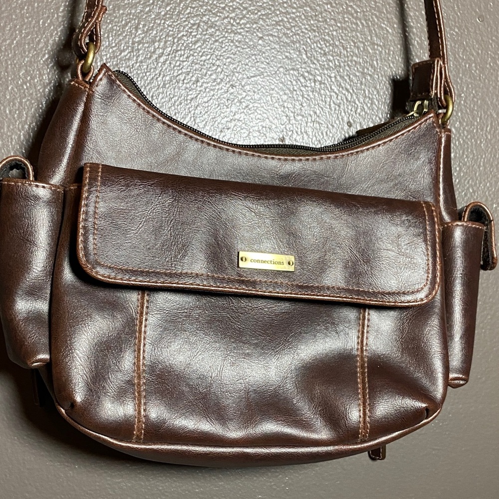Connections Brown Vegan Leather Small Shoulder Bag